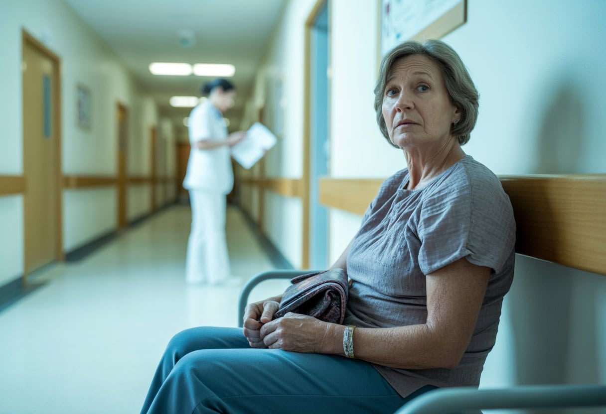 Pflegenotstand 2025: Wenn Oma im Flur warten muss – Ursachen, Auswirkungen und Lösungswege 1 Eine ältere Frau sitzt wartend auf einer Bank im Flur eines Krankenhauses, während eine Krankenschwester im Hintergrund beschäftigt wirkt.