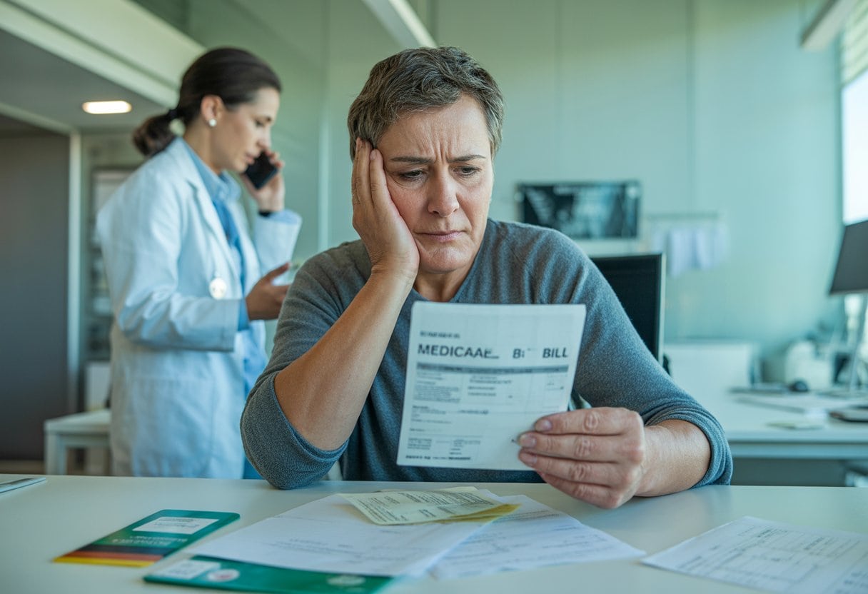 Ein besorgter Patient sitzt in einem Arztzimmer und sieht einen medizinischen Rechnungsbeleg an, während ein Arzt im Hintergrund telefoniert.