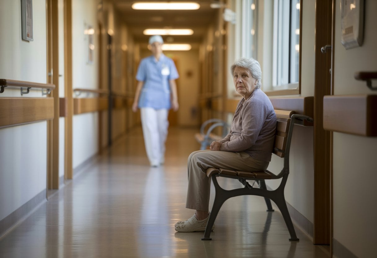 Pflegenotstand 2025: Wenn Oma im Flur warten muss – Ursachen, Auswirkungen und Lösungswege 2 Eine ältere Frau sitzt wartend auf einer Bank im Flur eines Pflegeheims, während eine Pflegekraft vorbeigeht.