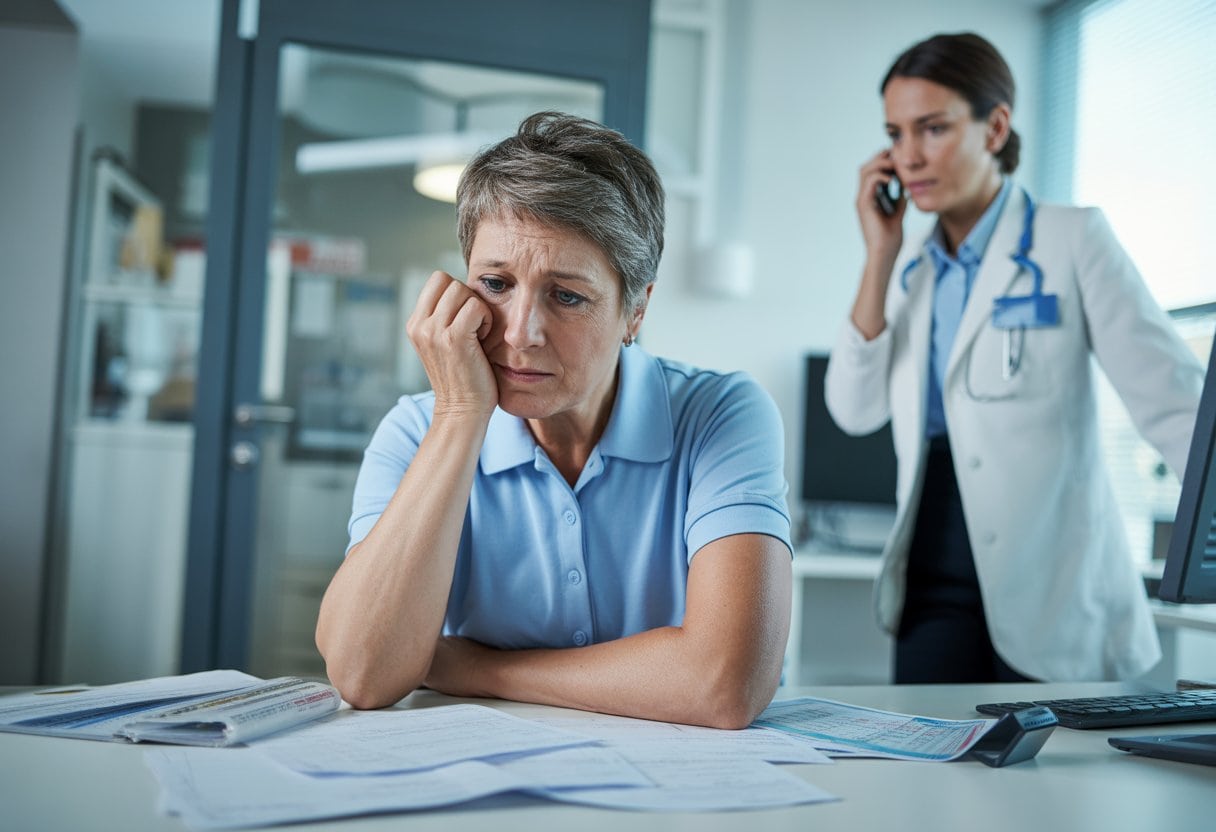 Ein besorgter Patient sitzt an einem Schreibtisch mit vielen Unterlagen, während eine medizinische Fachkraft im Hintergrund telefoniert.