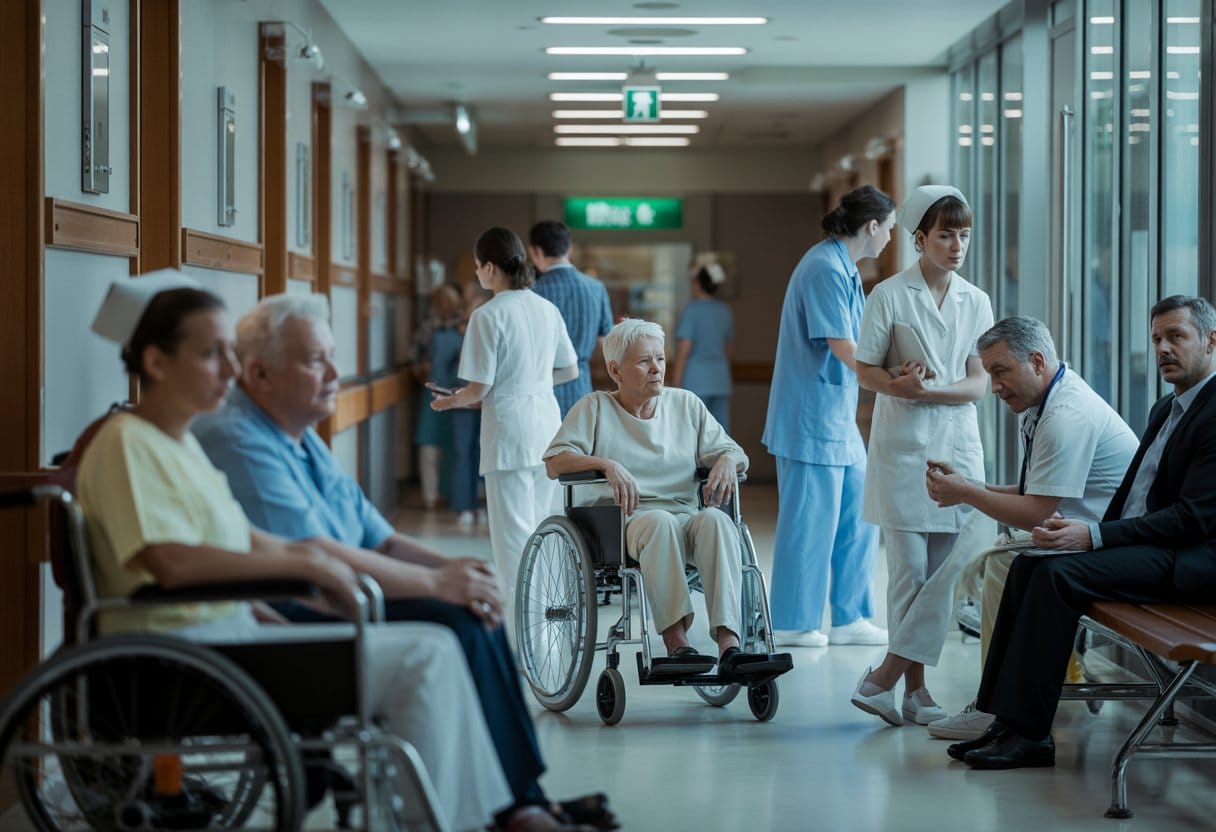 Pflegenotstand 2025: Wenn Oma im Flur warten muss – Ursachen, Auswirkungen und Lösungswege 3 Ein belebter Krankenhausflur mit älteren Patienten, die warten, und Pflegekräften, die beschäftigt sind.
