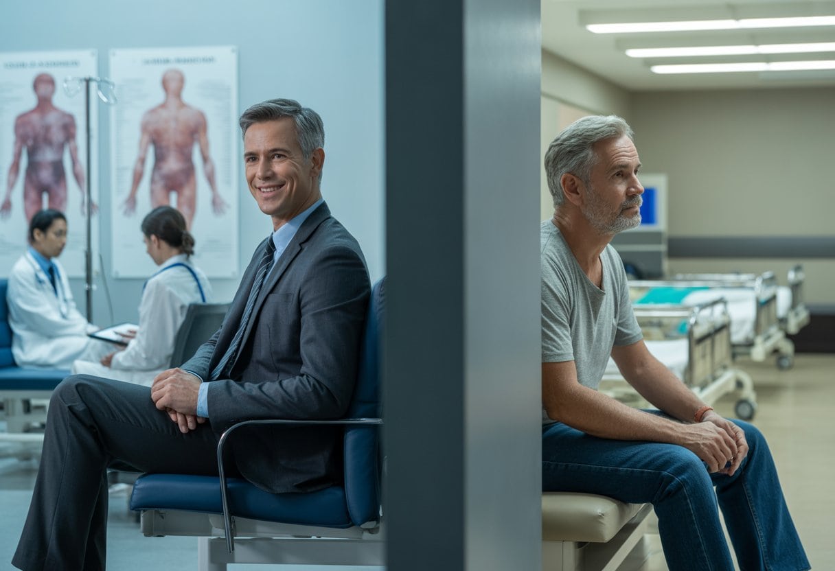 Zwei-Klassen-Medizin: Privatversicherte leben länger – Zufall? Ursachen, Folgen und Debatte 1 Zwei Männer in unterschiedlichen medizinischen Umgebungen: einer in einer modernen Privatklinik, der andere in einem überfüllten öffentlichen Krankenhaus.