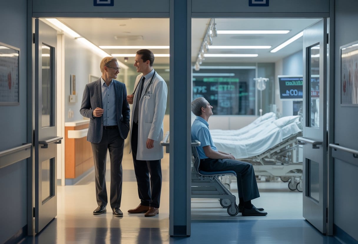 Zwei-Klassen-Medizin: Privatversicherte leben länger – Zufall? Ursachen, Folgen und Debatte 2 Ein moderner Krankenhausflur mit zwei Bereichen, in denen Patienten mit unterschiedlicher medizinischer Versorgung betreut werden.