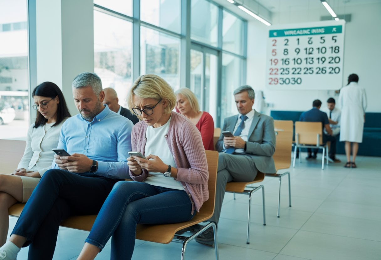 Hausarztstermine in 6 Monaten: Ist das noch Gesundheitsversorgung? - Ursachen, Lösungen und Reformen 1 Wartezimmer in einer Arztpraxis mit wartenden Patienten, die besorgt und ungeduldig wirken.