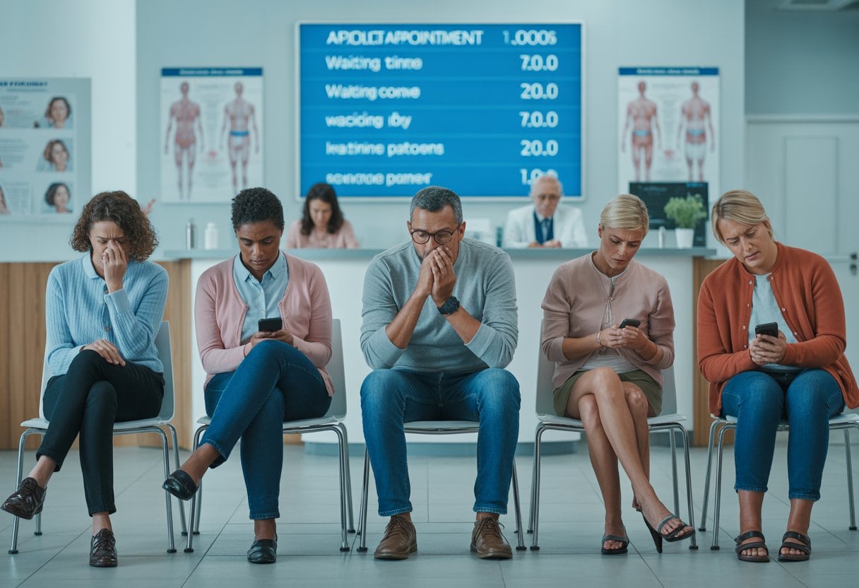 Hausarztstermine in 6 Monaten: Ist das noch Gesundheitsversorgung? - Ursachen, Lösungen und Reformen 2 Wartezimmer einer Arztpraxis mit wartenden Patienten und einer digitalen Anzeigetafel, die lange Wartezeiten zeigt.