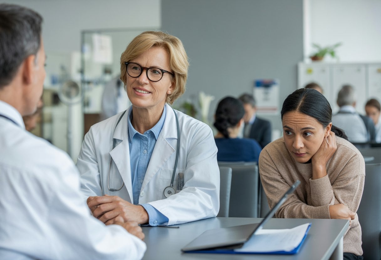 Zwei-Klassen-Medizin: Privatversicherte leben länger – Zufall? Ursachen, Folgen und Debatte 3 Zwei Personen in unterschiedlichen medizinischen Umgebungen, eine erhält private ärztliche Betreuung, die andere wartet in einem überfüllten öffentlichen Wartezimmer.