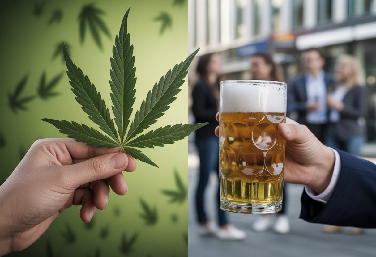 Cannabis legal, Alkohol glorifiziert – Deutschlands Doppelmoral umfassend erklärt 1 Zwei Hände, eine hält ein Cannabisblatt, die andere ein Bierglas, mit unterschiedlichen Hintergründen, die den Kontrast zwischen Cannabis und Alkohol in Deutschland zeigen.