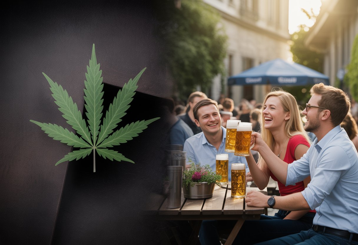 Cannabis legal, Alkohol glorifiziert – Deutschlands Doppelmoral umfassend erklärt 2 Geteiltes Bild mit einer dunklen Szene, die Cannabis symbolisiert, und einer hellen Biergarten-Szene mit Menschen, die Bier trinken und lachen.