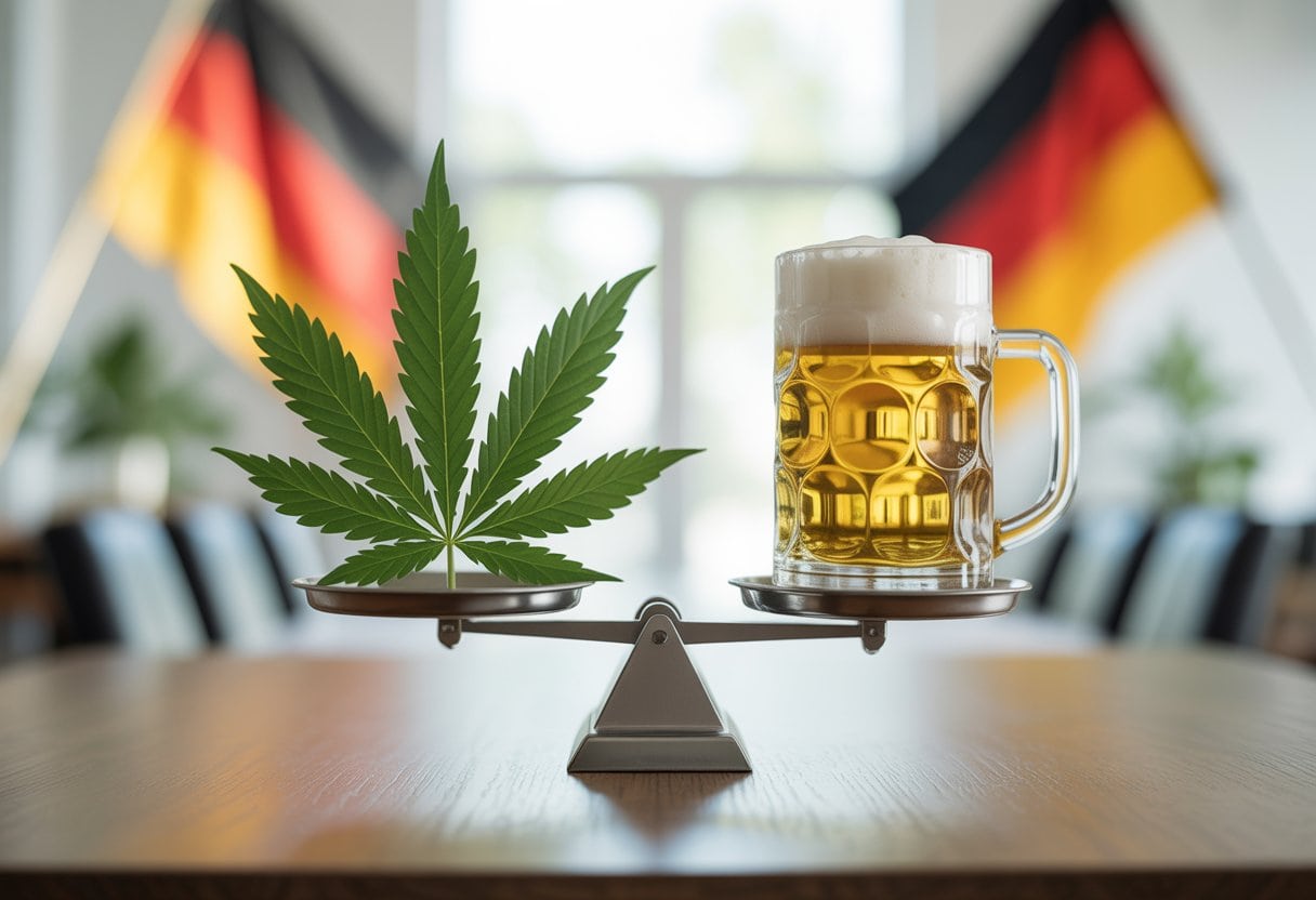Cannabis legal, Alkohol glorifiziert – Deutschlands Doppelmoral umfassend erklärt 3 Eine ausgewogene Waage mit einem grünen Cannabisblatt auf der einen Seite und einem Bierglas auf der anderen vor einem unscharfen Hintergrund mit deutschen Farben.