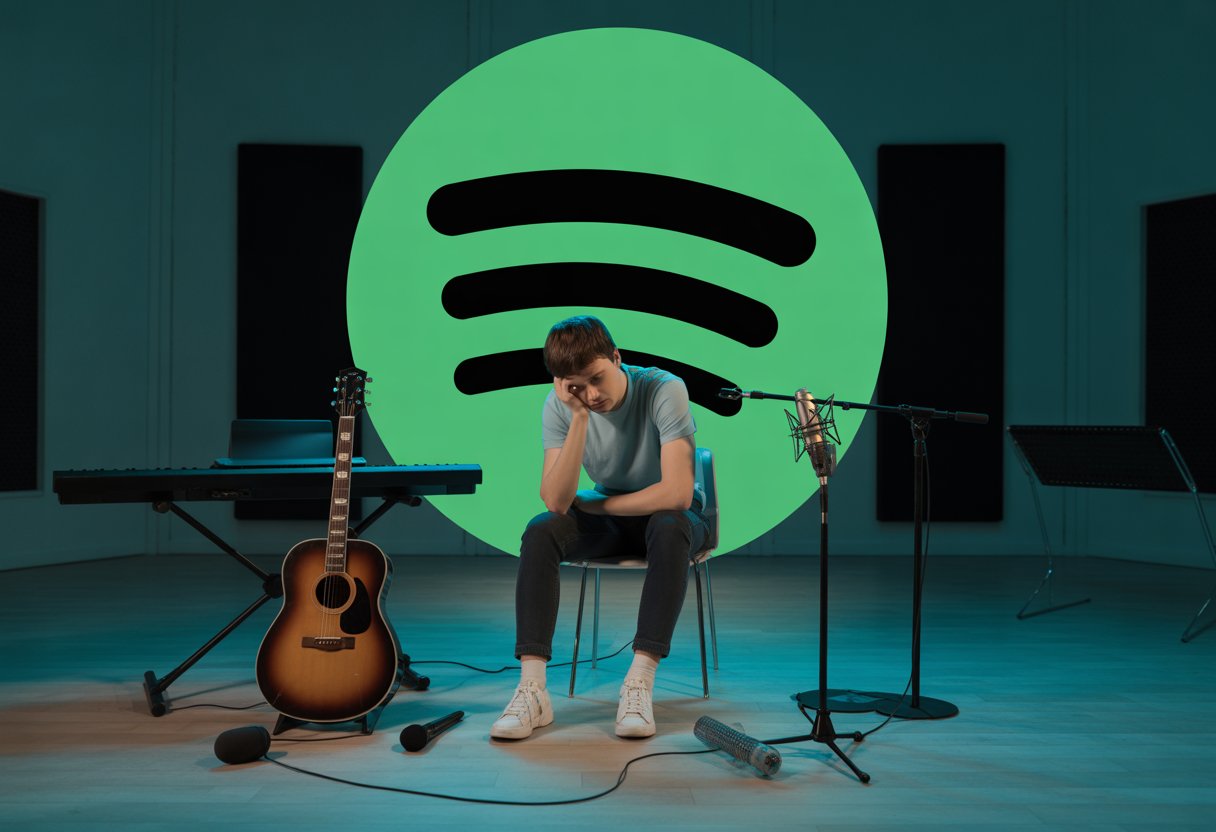 Spotify killt die Musikkultur: Warum deutsche Künstler verhungern 1 Ein nachdenklicher Musiker sitzt allein in einem dunklen Tonstudio mit Instrumenten um ihn herum, im Hintergrund ist ein großes Spotify-Logo zu sehen.