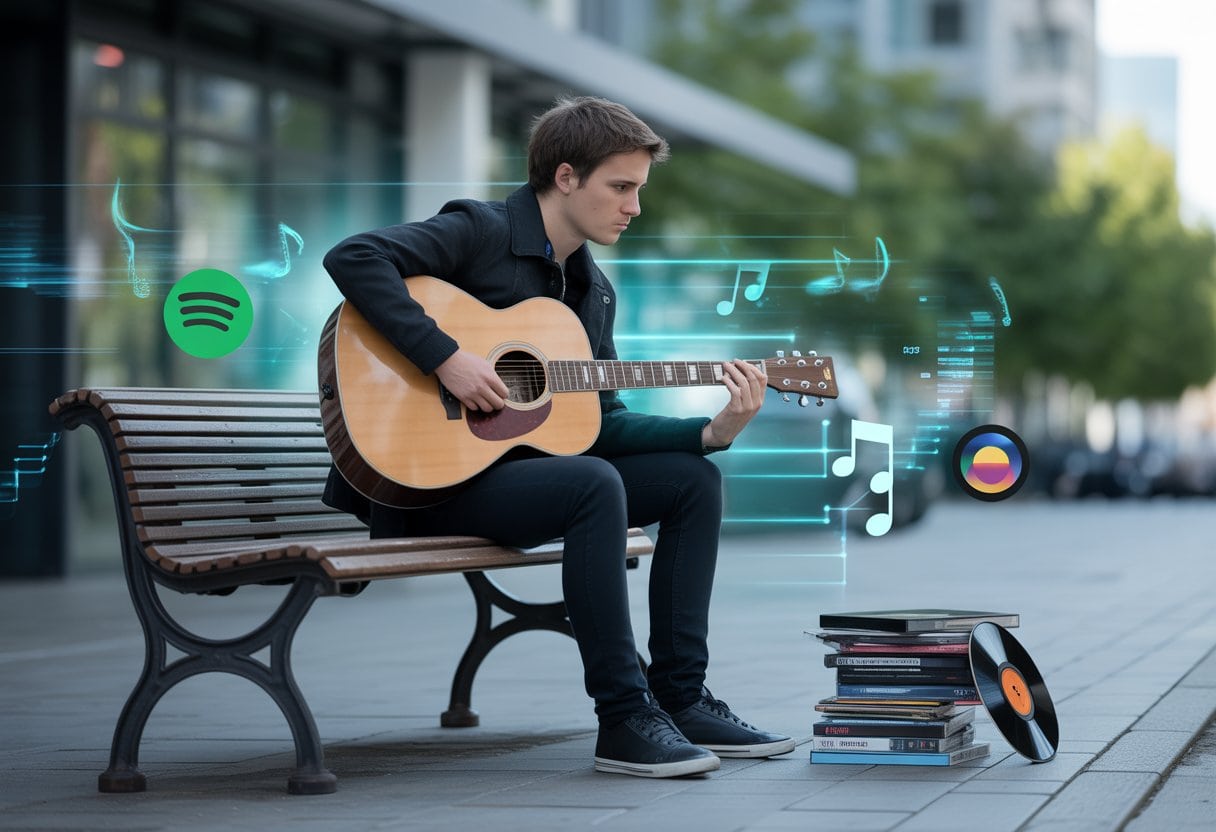 Spotify killt die Musikkultur: Warum deutsche Künstler verhungern 2 Ein junger Musiker sitzt allein auf einer Bank mit einer Akustikgitarre in der Hand, umgeben von CDs auf dem Boden, in einer städtischen Umgebung.