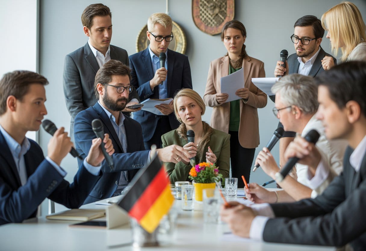 Deutscher Schlager: Volksverdummung oder unterschätztes Kulturgut? – Hintergründe, Kritik und Bedeutung 2 Eine Gruppe von Menschen diskutiert lebhaft in einem modernen Konferenzraum über deutsche Kultur.