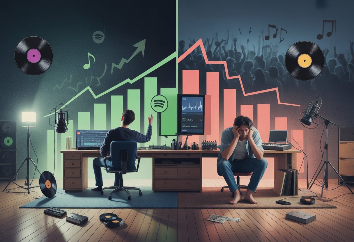 Spotify killt die Musikkultur: Warum deutsche Künstler verhungern 3 Eine geteilte Szene mit einem erfolgreichen Musiker in einem modernen Tonstudio und einem besorgten, erschöpften deutschen Künstler in einem einfachen Heimstudio.