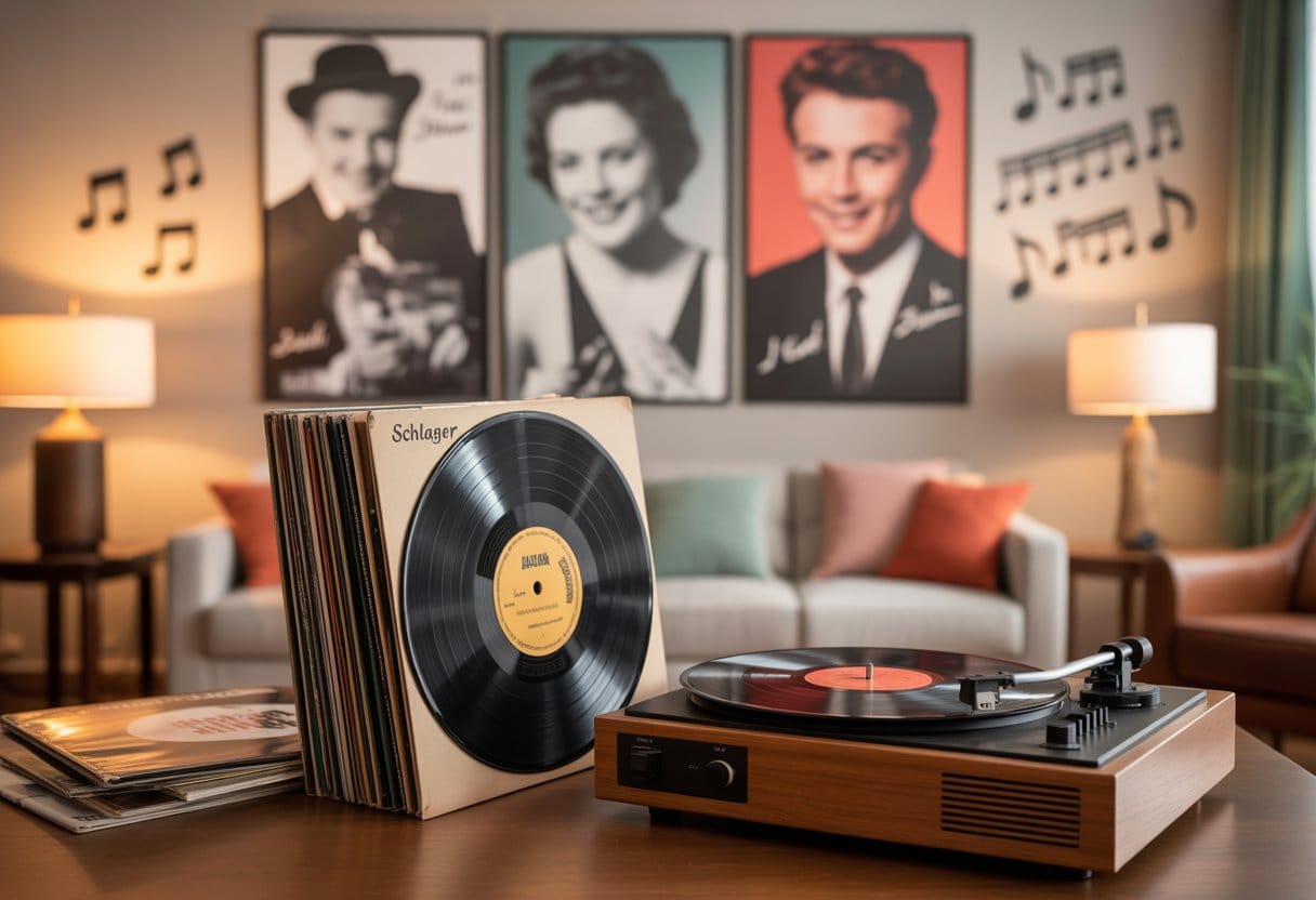 Deutscher Schlager: Volksverdummung oder unterschätztes Kulturgut? – Hintergründe, Kritik und Bedeutung 3 Ein gemütlicher Raum mit einem Plattenspieler und alten Schallplatten, an der Wand hängen Fotos von deutschen Schlagersängern aus verschiedenen Jahrzehnten.