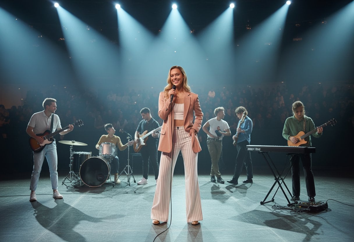 Eine erfolgreiche Musikerin steht auf einer Bühne vor einem Publikum, während mehrere Indie-Bands im Hintergrund spielen.