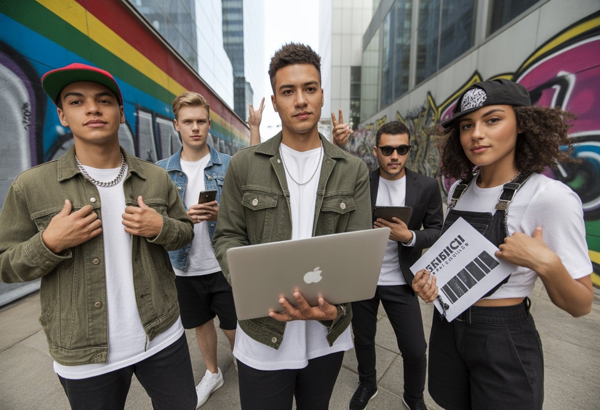 Deutschrap: Zwischen Millionen-Business und Möchtegern-Gangstern 2 Eine Gruppe junger Menschen in urbaner Umgebung, die hip-hop-inspirierte Kleidung und Business-Kleidung tragen, vor einer Mischung aus Graffiti-Wänden und modernen Bürogebäuden.