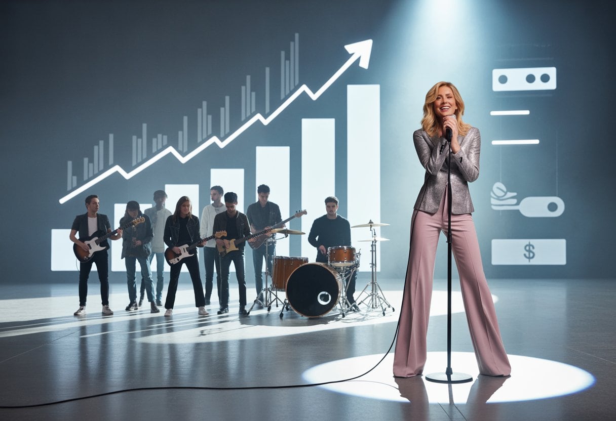 Eine einzelne Sängerin auf einer Bühne vor einer Gruppe von Musikern mit Instrumenten, die zusammenstehen.