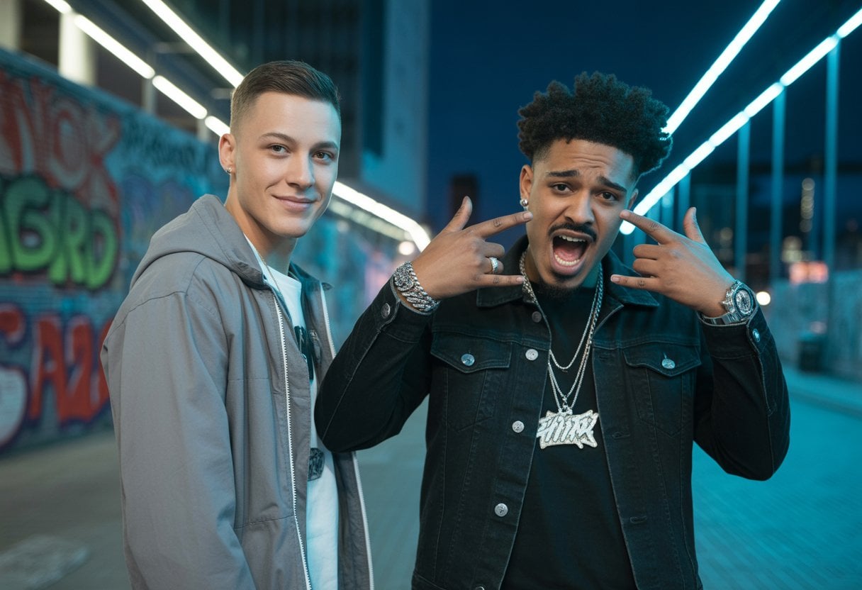 Deutschrap: Zwischen Millionen-Business und Möchtegern-Gangstern 3 Zwei junge Männer in einer Stadt, einer wirkt selbstbewusst und professionell, der andere posiert übertrieben als Gangster.