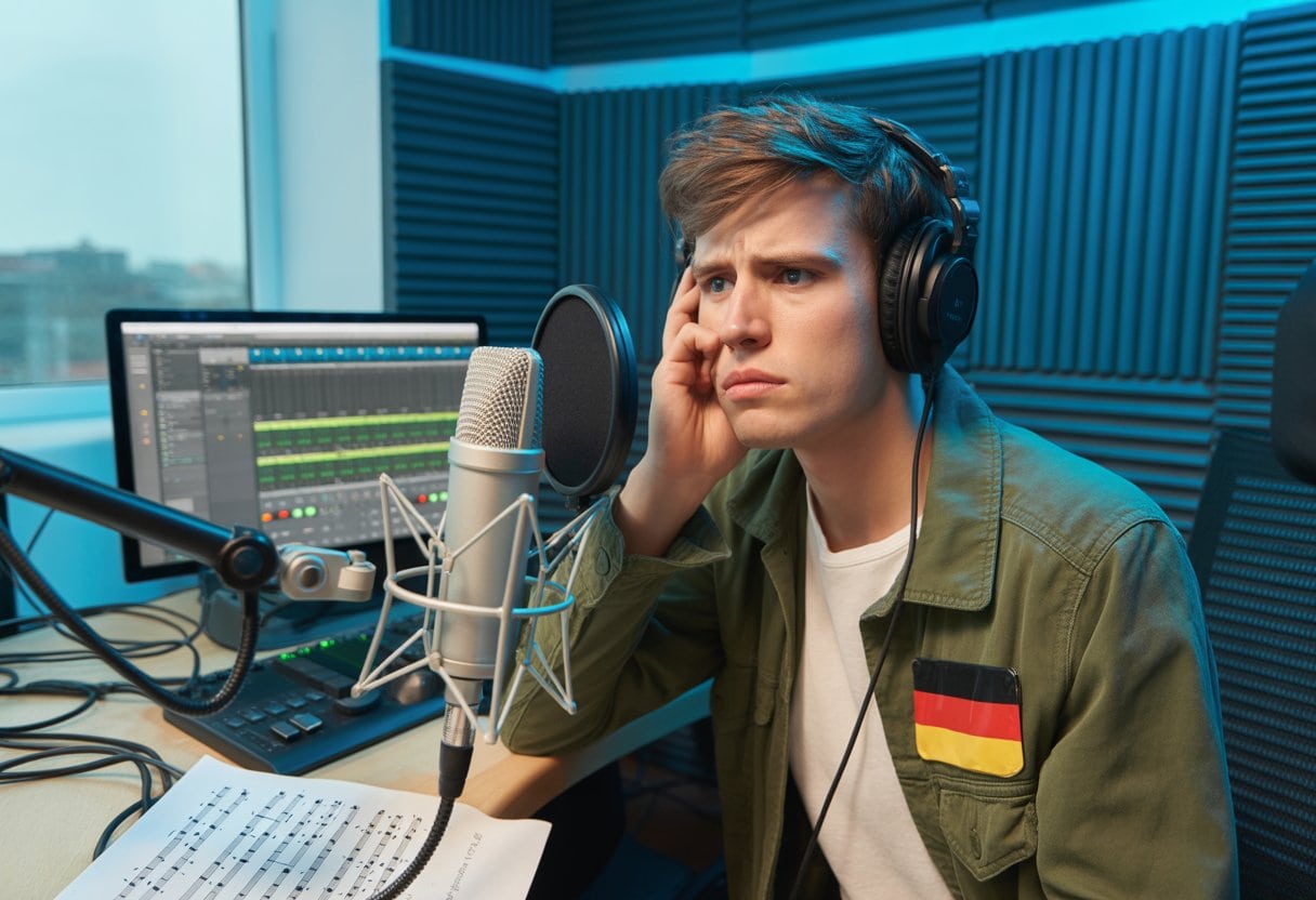 Warum klingt deutsche Popmusik immer noch wie ein schlechter Englisch-Kurs? Ursachen und Entwicklungen 1 Ein junger Musiker sitzt nachdenklich in einem Tonstudio vor einem Mikrofon mit Kopfhörern und Musikgeräten.