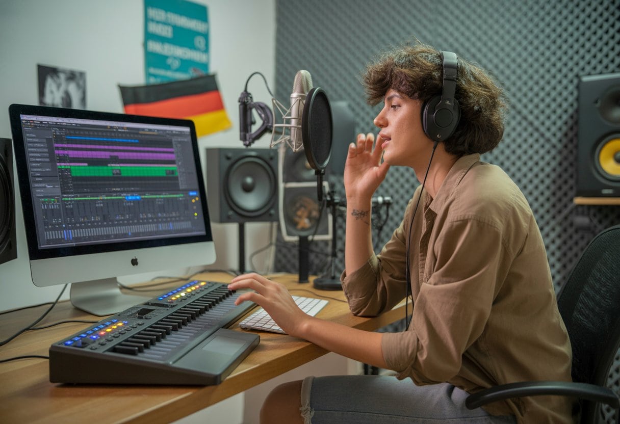 Warum klingt deutsche Popmusik immer noch wie ein schlechter Englisch-Kurs? Ursachen und Entwicklungen 2 Ein junger Musiker in einem Tonstudio arbeitet konzentriert an Musik mit moderner Ausrüstung und deutschen Dekorationen im Hintergrund.