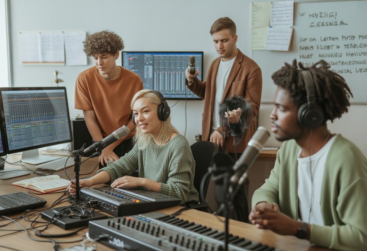 Warum klingt deutsche Popmusik immer noch wie ein schlechter Englisch-Kurs? Ursachen und Entwicklungen 3 Junge Musiker und Produzenten arbeiten gemeinsam in einem Musikstudio mit Audioequipment und Notizen auf einem Whiteboard.
