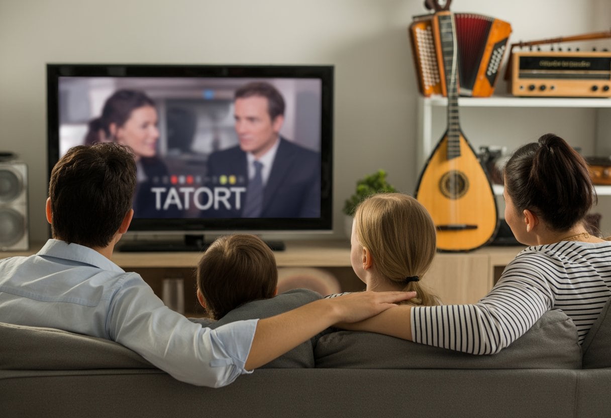 Eine Familie sitzt gemeinsam im Wohnzimmer und schaut fern, im Hintergrund sind traditionelle Musikinstrumente zu sehen.