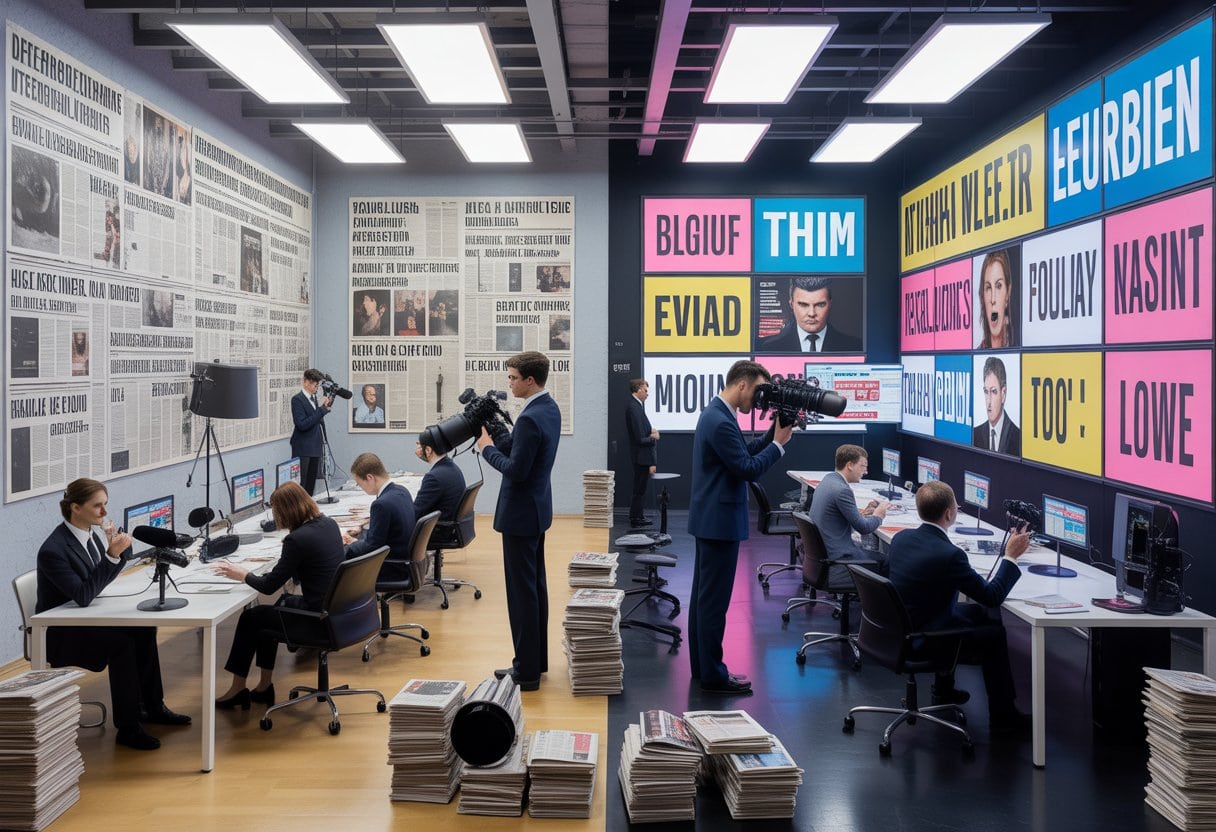 Clickbait statt Journalismus: Wie deutsche Medien ihre Seele verkauften – Ursachen, Auswirkungen, Lösungen 2 Ein moderner Medienraum, der auf der einen Seite seriöse Journalisten bei der Arbeit zeigt und auf der anderen Seite bunte Bildschirme mit reißerischen Nachrichten.