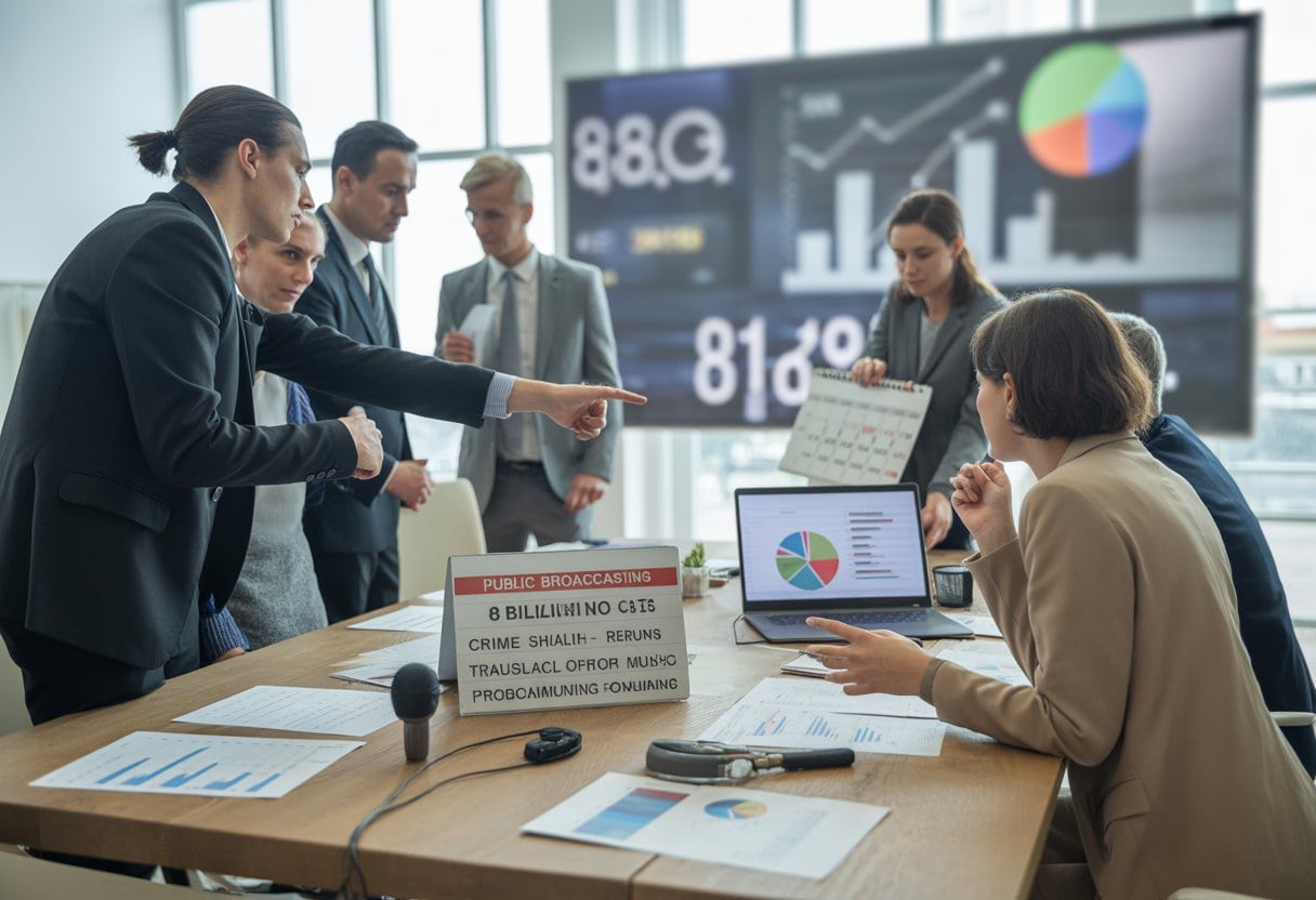 Mehrere Personen in einem modernen Büro besprechen Finanzdaten und Budgetpläne an einem Tisch mit Dokumenten und Laptop.