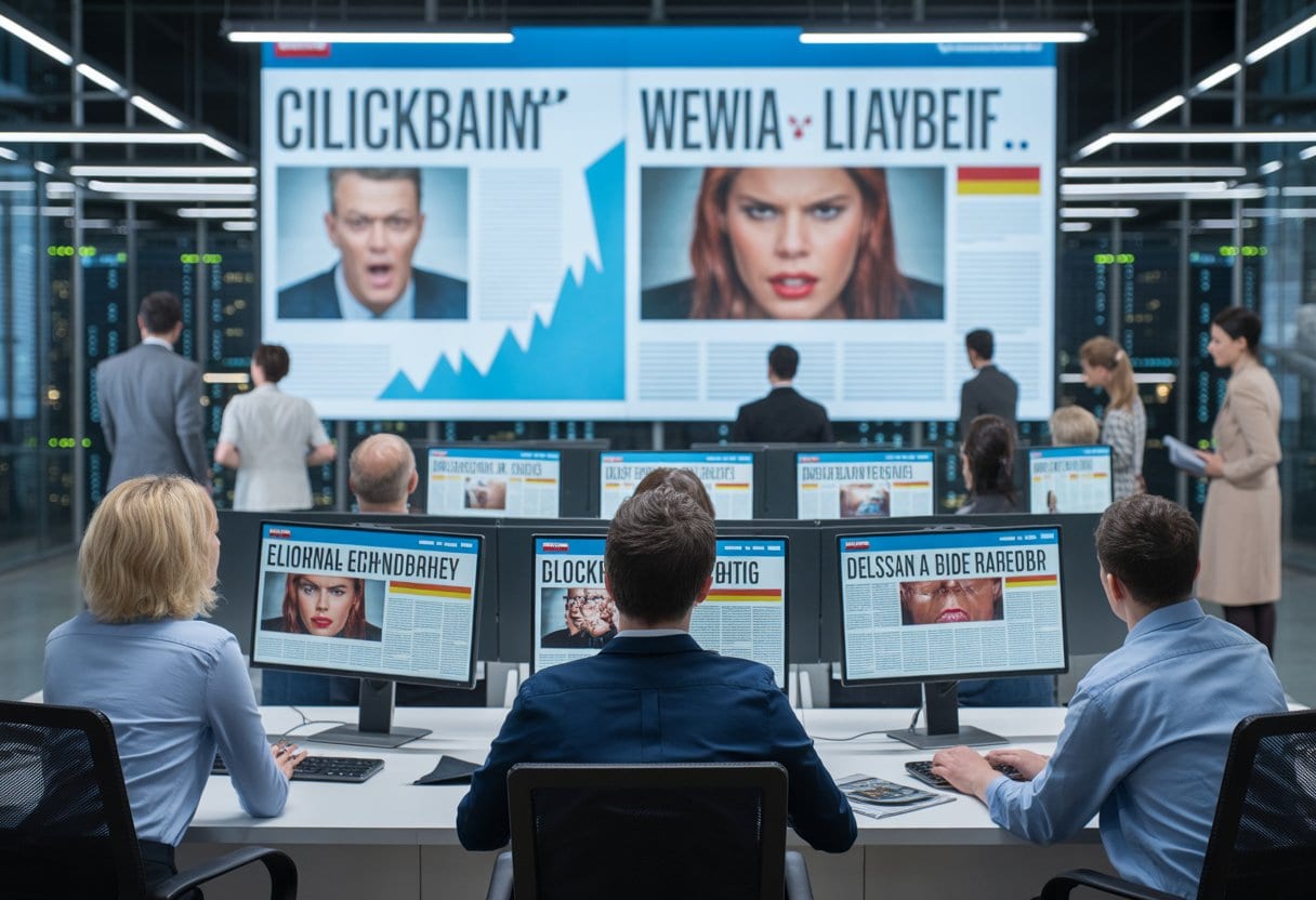 Clickbait statt Journalismus: Wie deutsche Medien ihre Seele verkauften – Ursachen, Auswirkungen, Lösungen 3 Ein modernes Nachrichtenbüro mit Journalisten, die auf Bildschirme mit auffälligen Schlagzeilen schauen und angespannt wirken.