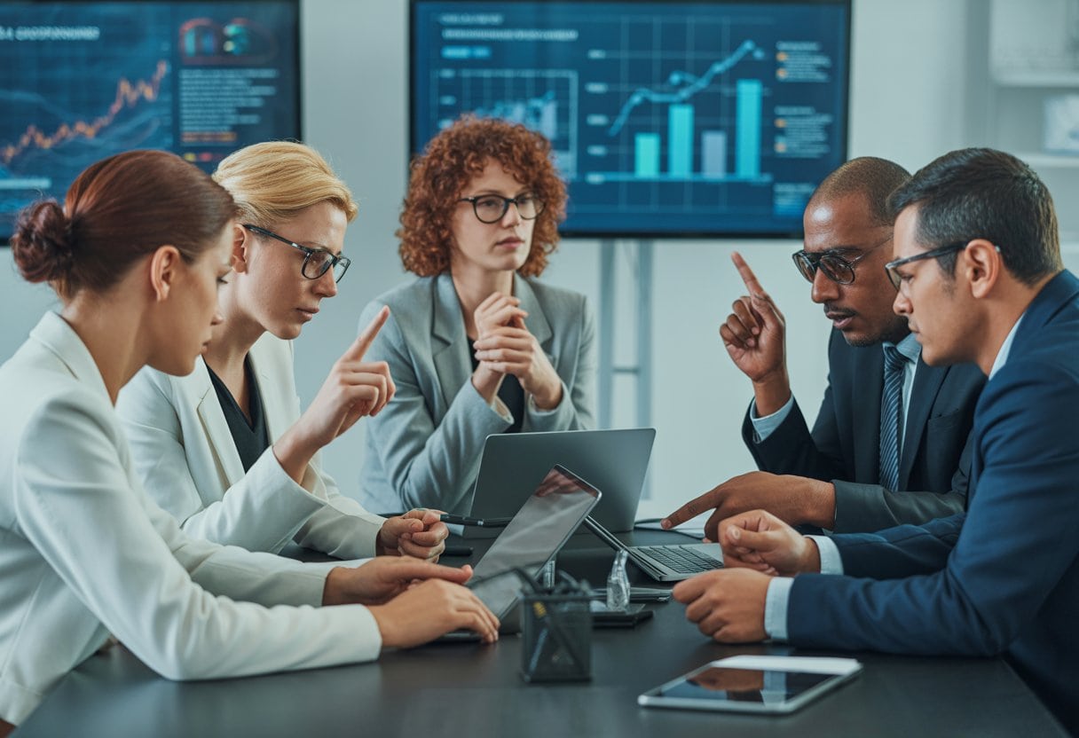 ARD und ZDF: Zu teuer, zu träge, zu überflüssig? Alle Fakten & Reformpläne 1 Mehrere Personen diskutieren ernsthaft in einem modernen Büro an einem Konferenztisch mit digitalen Bildschirmen im Hintergrund.