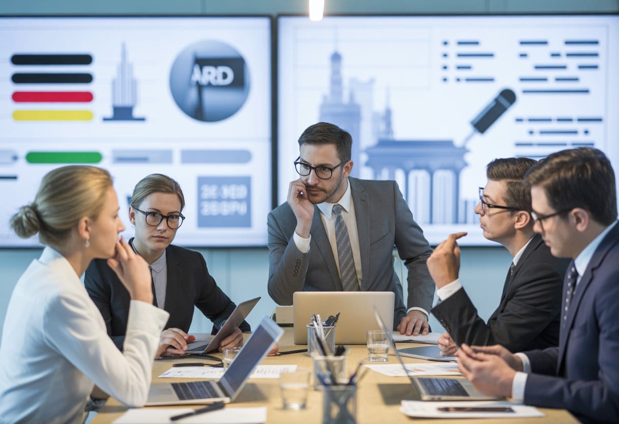 ARD und ZDF: Zu teuer, zu träge, zu überflüssig? Alle Fakten & Reformpläne 2 Geschäftsleute diskutieren ernsthaft in einem modernen Büro vor Bildschirmen mit Daten und Diagrammen.