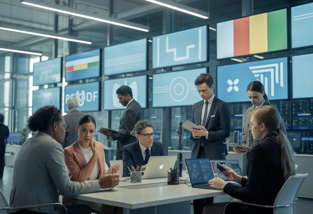 ARD und ZDF: Zu teuer, zu träge, zu überflüssig? Alle Fakten & Reformpläne 3 Eine Gruppe von Medienprofis arbeitet konzentriert in einem modernen Nachrichtenbüro mit großen Bildschirmen und technischer Ausrüstung.