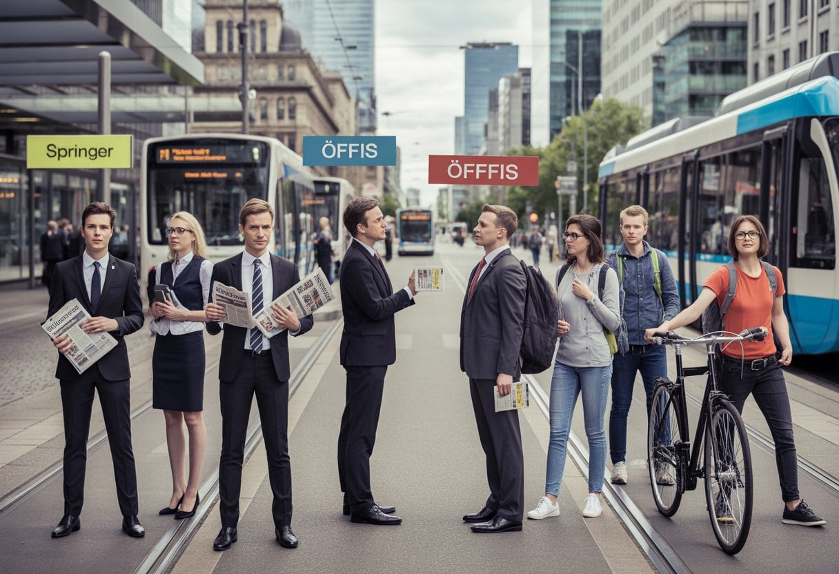 Springer vs. Öffis: Wer manipuliert die Deutschen erfolgreicher? Ein aufschlussreicher Vergleich 1 Menschen in einem deutschen Stadtbild stehen auf gegenüberliegenden Seiten, eine Gruppe mit Zeitungen und Anzügen, die andere mit Fahrrädern und Bustickets, vor einer Straßenbahn und Bushaltestelle.