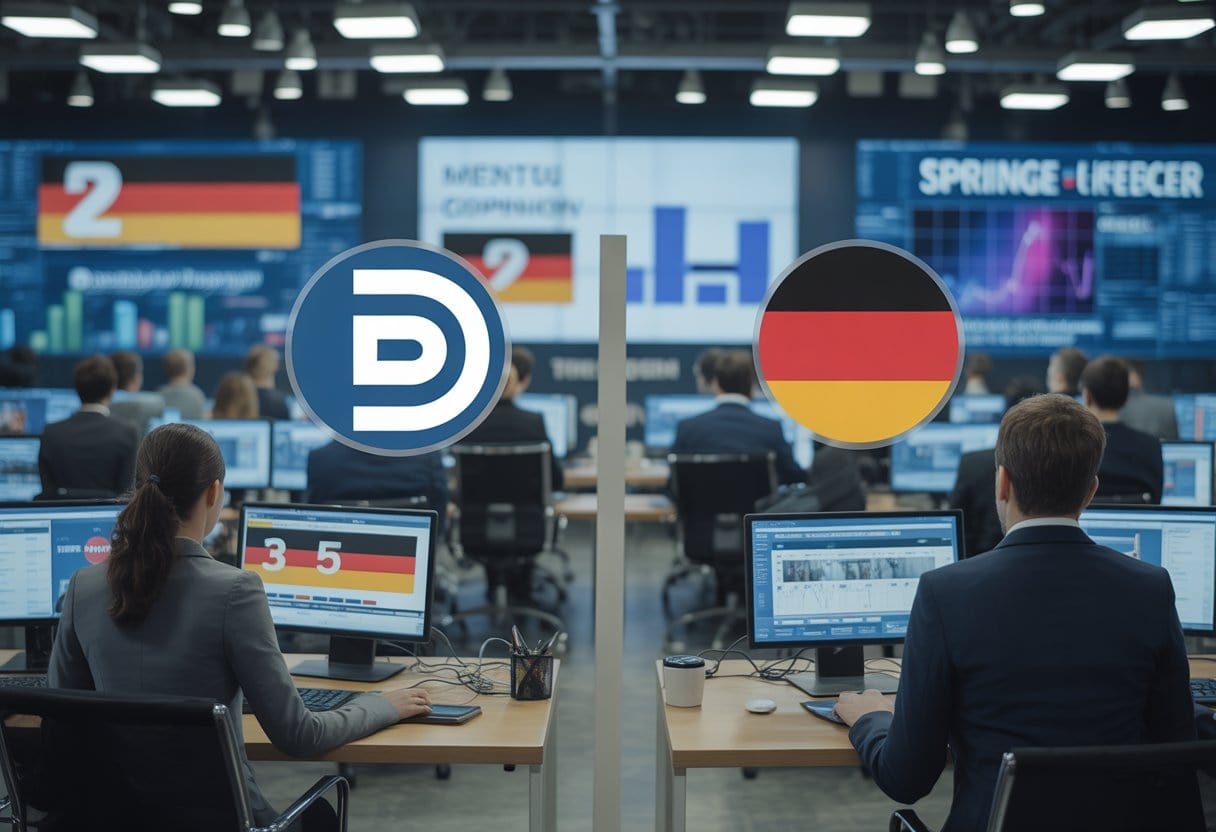 Springer vs. Öffis: Wer manipuliert die Deutschen erfolgreicher? Ein aufschlussreicher Vergleich 2 Journalisten arbeiten in einem modernen Nachrichtenraum mit Bildschirmen, die Nachrichten und soziale Medien zeigen, symbolisch dargestellt sind zwei Medienwelten im Wettbewerb.