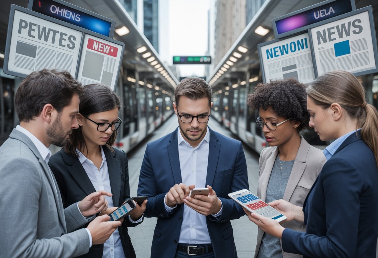 Springer vs. Öffis: Wer manipuliert die Deutschen erfolgreicher? Ein aufschlussreicher Vergleich 3 Eine Gruppe deutscher Erwachsener diskutiert in einer Stadt, während sie Nachrichten auf digitalen Geräten ansehen. Im Hintergrund sind Printmedien und öffentliche Verkehrswerbung angedeutet.