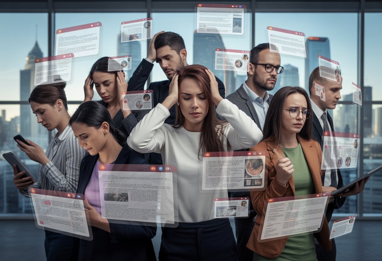 Menschen in einem modernen Büro wirken überfordert von vielen digitalen Bildschirmen und Nachrichten, die sie umgeben.