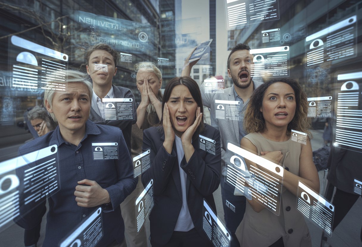Menschen wirken überwältigt und verwirrt von einer Flut digitaler Nachrichten und Benachrichtigungen in einer modernen Stadtumgebung.