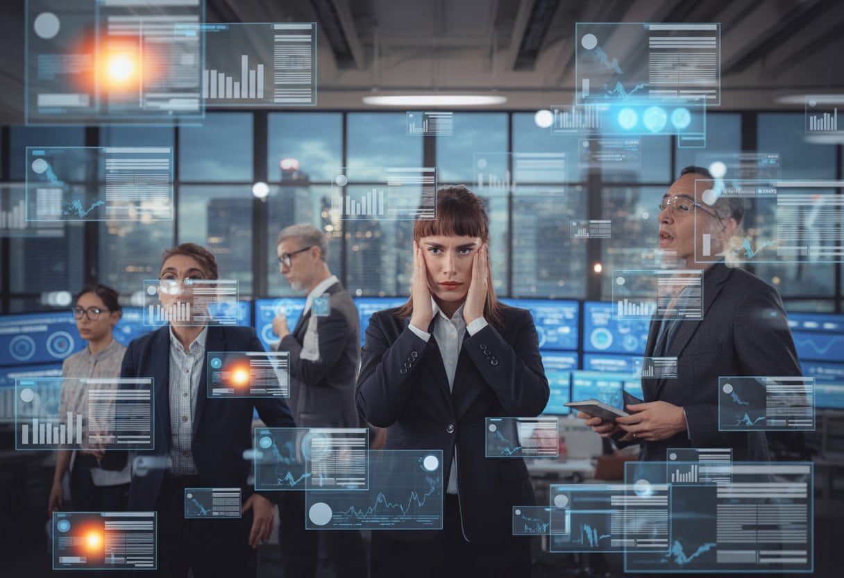Eine Gruppe gestresster Berufstätiger in einem modernen Büro, umgeben von vielen Bildschirmen mit überlappenden Nachrichten und Daten.