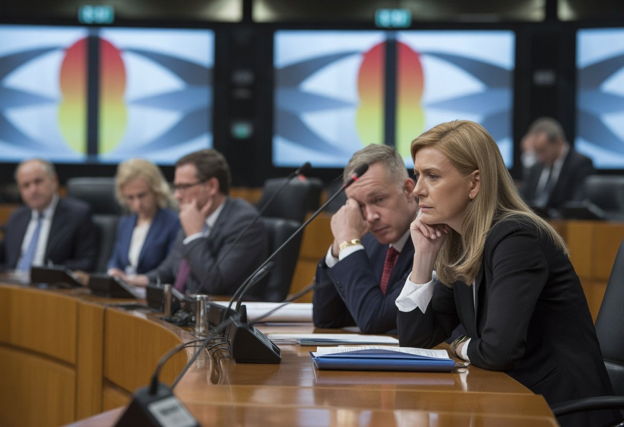 Ampel-Aus: War das Regieren oder nur ein teures Impro-Theater? – Ursachen, Folgen und Ausblick 1 Politiker diskutieren ernsthaft in einem modernen Parlamentsraum mit Mikrofonen und Dokumenten auf dem Tisch.