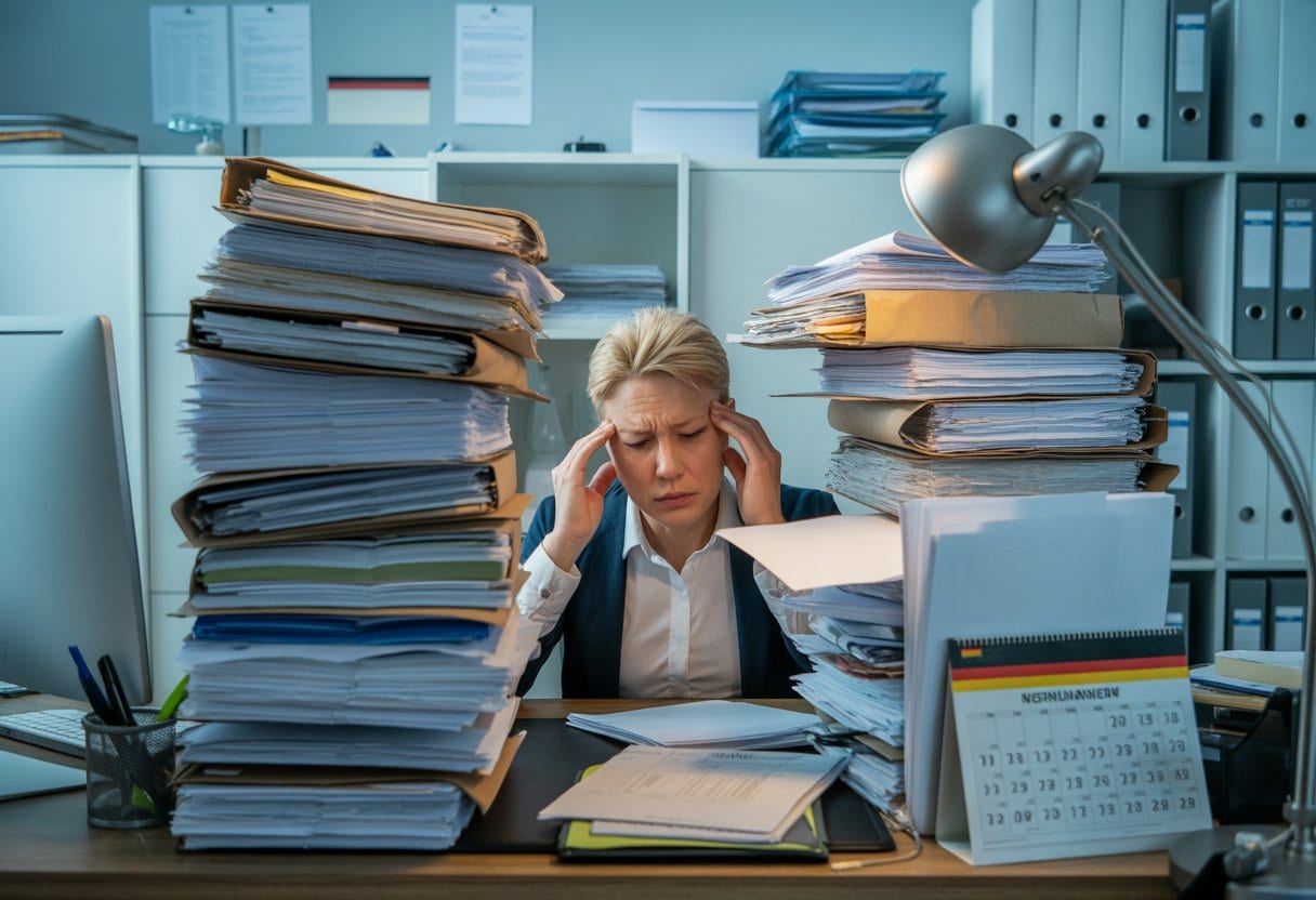 Bürokratie-Wahnsinn: Warum Deutschland sich selbst erdrosselt – Ursachen, Folgen und Lösungen 2 Ein gestresster Büroangestellter in einem überfüllten Büro mit hohen Papierstapeln und Aktenordnern, der erschöpft wirkt.
