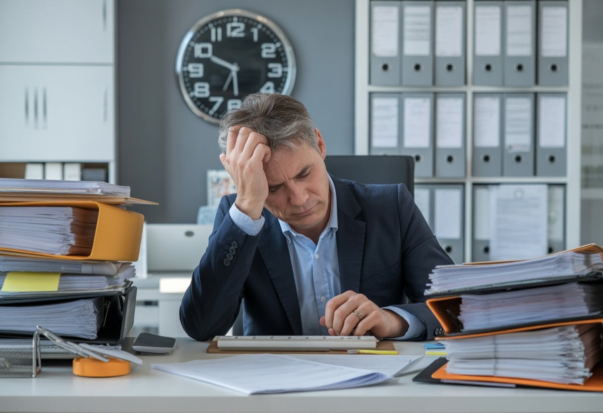 Bürokratie-Wahnsinn: Warum Deutschland sich selbst erdrosselt – Ursachen, Folgen und Lösungen 3 Eine gestresste Person sitzt an einem überfüllten Schreibtisch mit vielen Akten und Dokumenten in einem Büro.