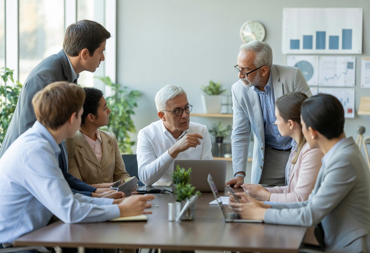 Mehrere Personen unterschiedlichen Alters diskutieren gemeinsam in einem modernen Büro an einem Konferenztisch.