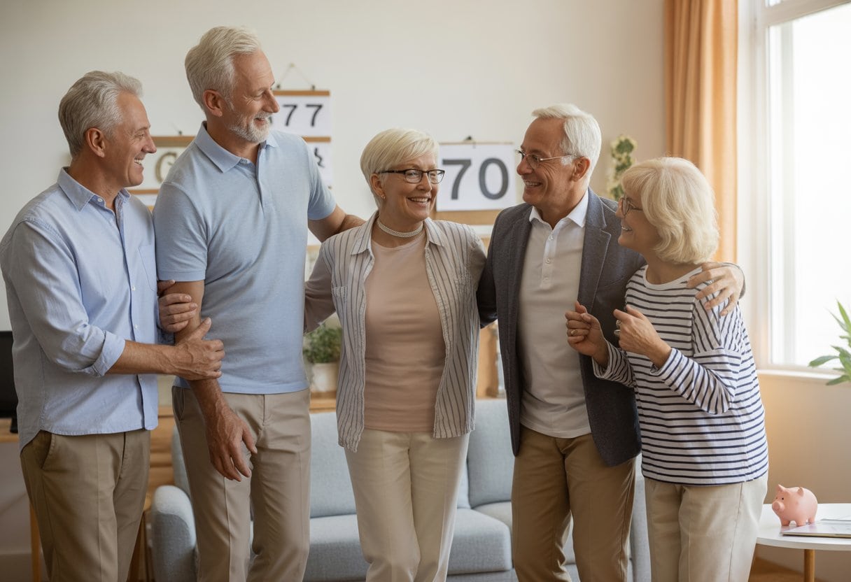 Ältere Menschen in einem hellen Wohnzimmer, die miteinander lachen und sich unterhalten.