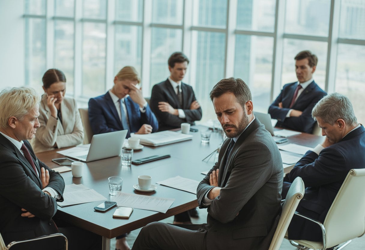 Parteiendemokratie am Ende: Ursachen, Folgen und Auswege 1 Politiker in einem Konferenzraum sitzen um einen Tisch und wirken unzufrieden und angespannt.