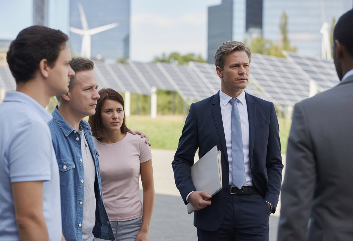 Klimapolitik als Klassenkampf: Wer kann sich Deutschlands Moral leisten? 2 Menschen verschiedener sozialer Schichten diskutieren ernsthaft über Klimapolitik in einer städtischen Umgebung.