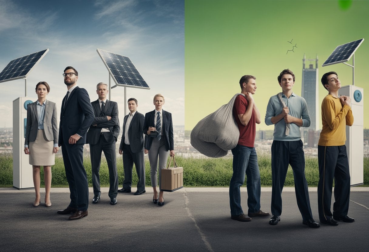 Klimapolitik als Klassenkampf: Wer kann sich Deutschlands Moral leisten? 3 Zwei Gruppen von Menschen in einer deutschen Stadt: wohlhabende Personen neben sauberen Energiequellen und arbeitende Menschen mit besorgten Gesichtern, die Lasten tragen.