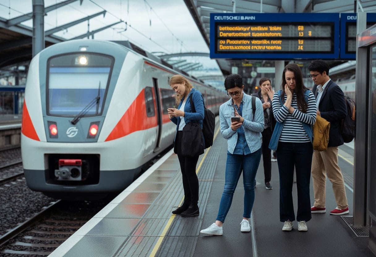 Pünktlichkeit als Mythos: Warum die Deutsche Bahn Deutschland blamiert 1 Menschen warten ungeduldig an einem deutschen Bahnsteig neben einem stehenden Zug mit verspäteten Abfahrtszeiten.