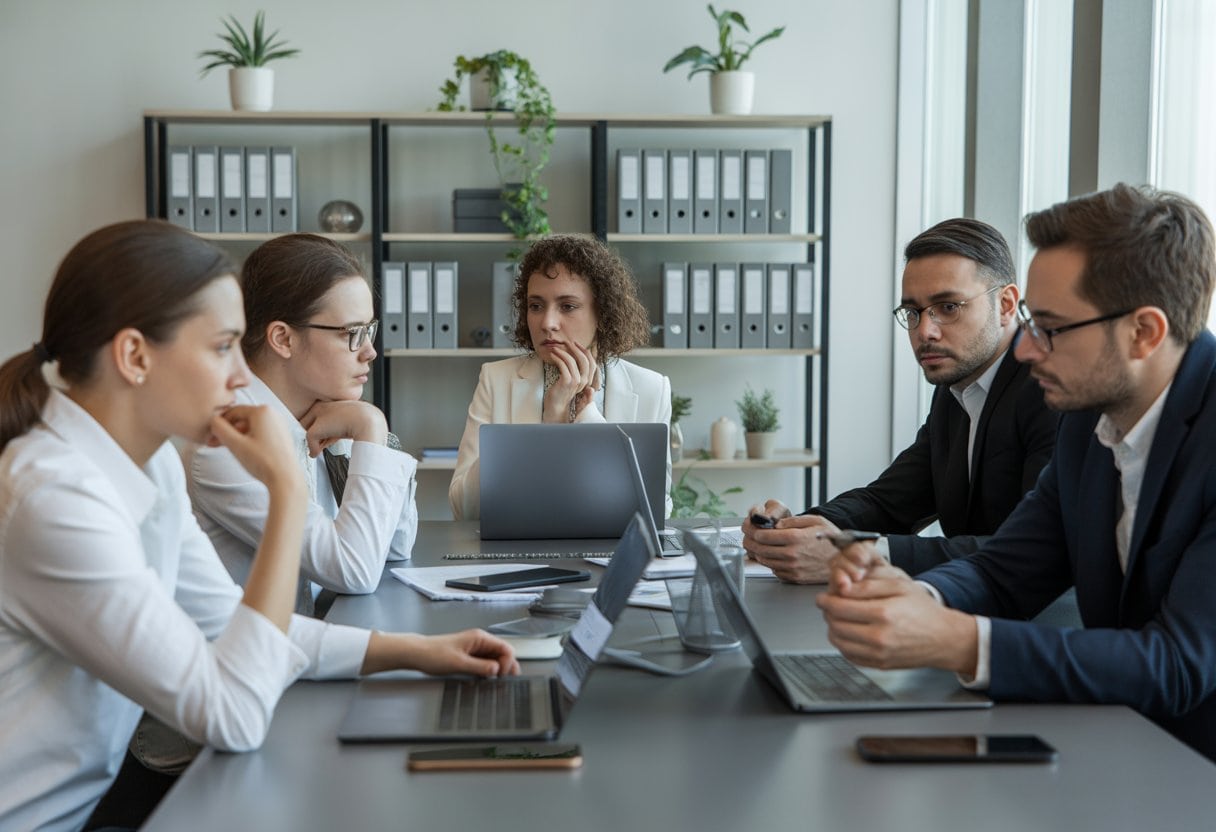Eine Gruppe von Büroangestellten sitzt konzentriert an einem aufgeräumten Konferenztisch in einem modernen Büro, umgeben von ordentlich angeordneten Unterlagen und Regalen.
