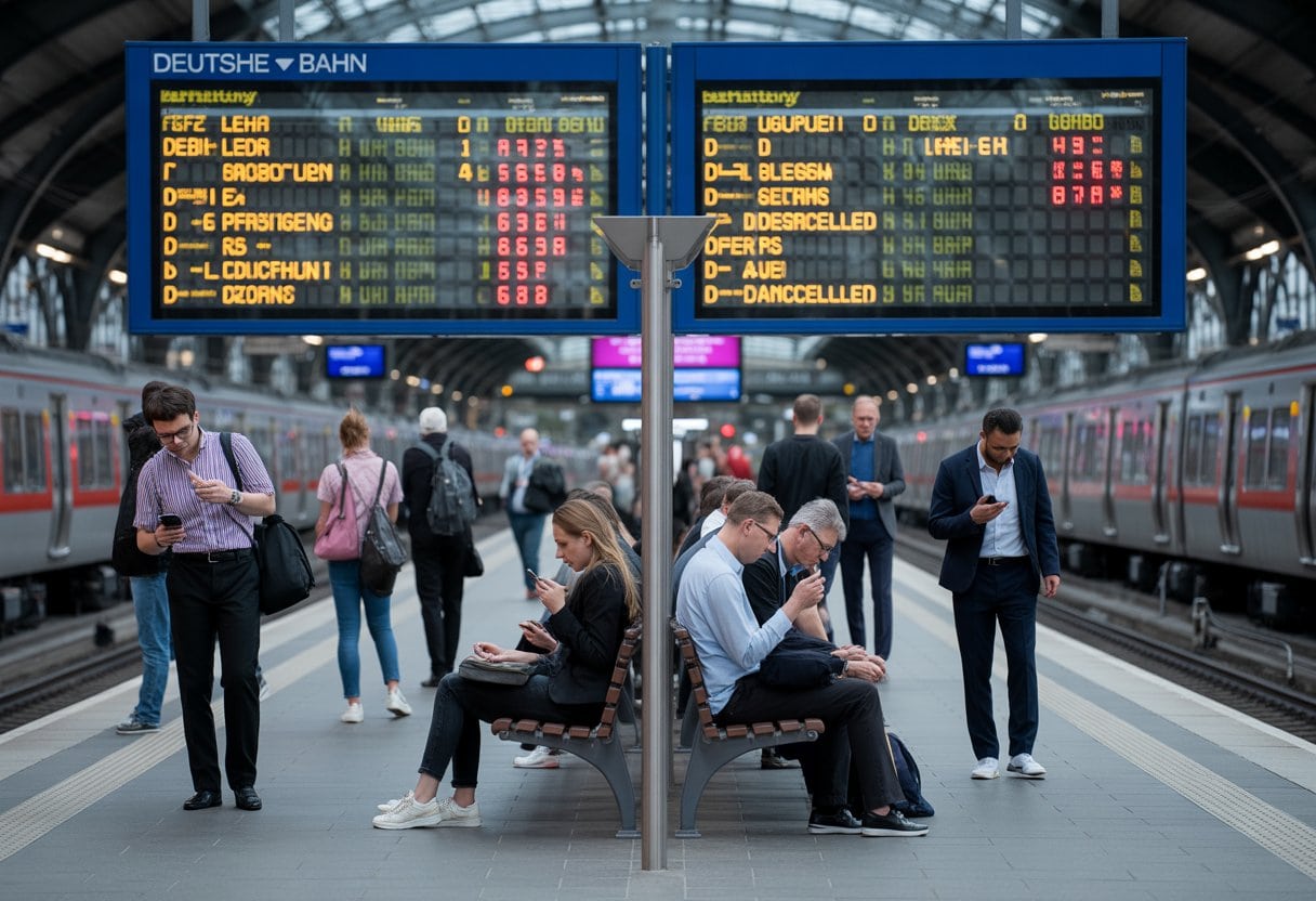 Pünktlichkeit als Mythos: Warum die Deutsche Bahn Deutschland blamiert 2 Ein belebter deutscher Bahnhof mit einer digitalen Anzeigetafel, auf der viele Züge verspätet oder ausgefallen sind, umgeben von ungeduldigen und gestressten Reisenden.