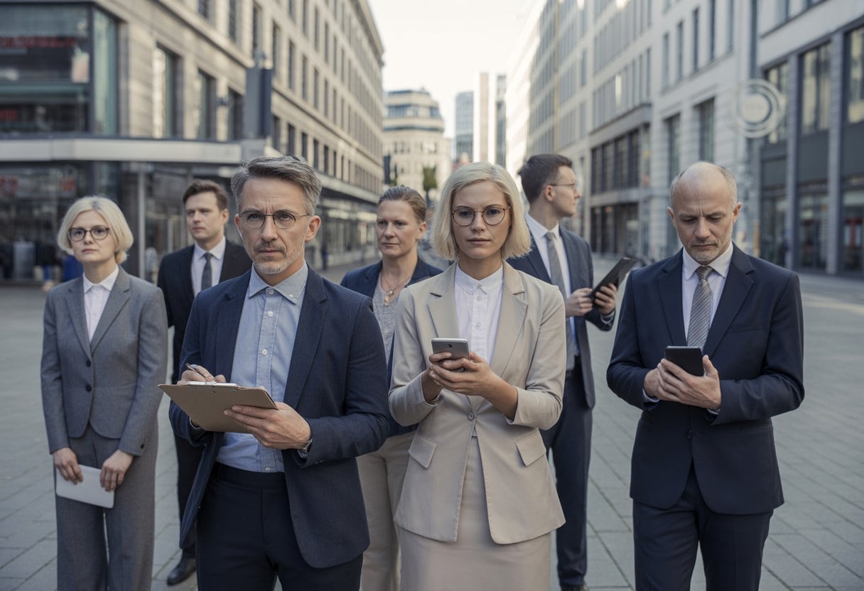Eine Gruppe von älteren Menschen in einem gepflegten öffentlichen Platz, die aufmerksam und ernst wirken, umgeben von ordentlichen Gebäuden und moderner Überwachungstechnik.